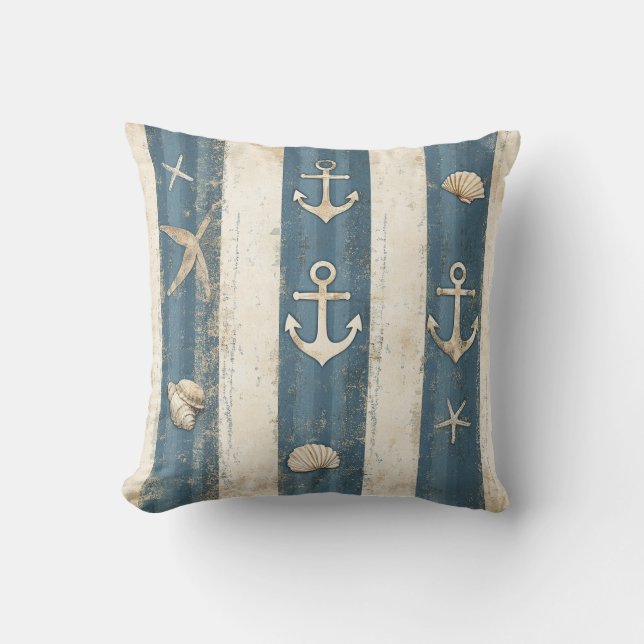 Nautical Coastal Blue Tonal Stripes Starfish  Throw Pillow (Front)