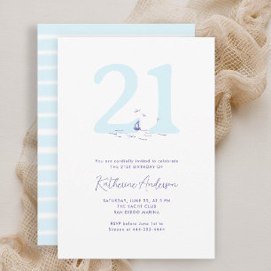 Nautical Coastal Boat Birds Modern 21st Birthday Invitation