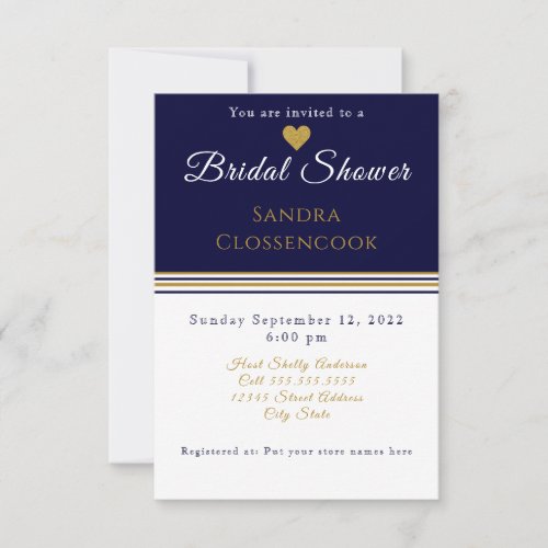 Nautical Coastal Bridal Shower Navy Blue Heart Invitation