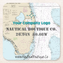 Nautical Coastal Business Logo Latitude Longitude Square Paper Coaster