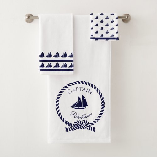 Nautical coastal Captain name  Sailboat Navy Blue  Bath Towel Set