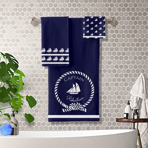 Nautical coastal Captain name  Sailboat Navy Blue Bath Towel Set