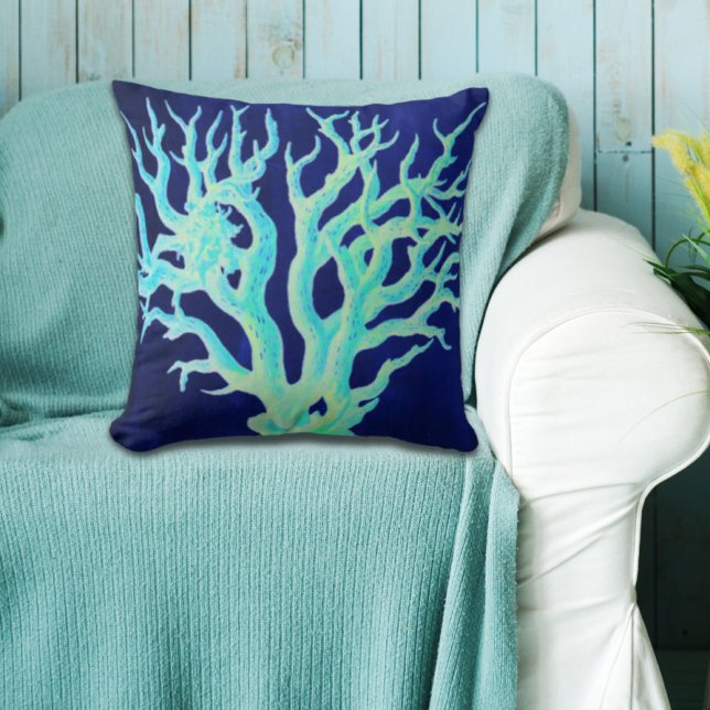 Nautical coastal chic beachy navy Coral Reef Throw Pillow (Nautical coastal chic beachy navy Coral Reef Throw Pillow)