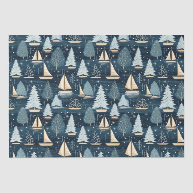 Nautical Coastal Christmas Sailboat Tissue Paper (Front)