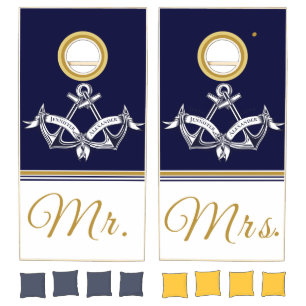 Nautical Coastal Couple Mr. and Mrs. Wedding Navy  Cornhole Set