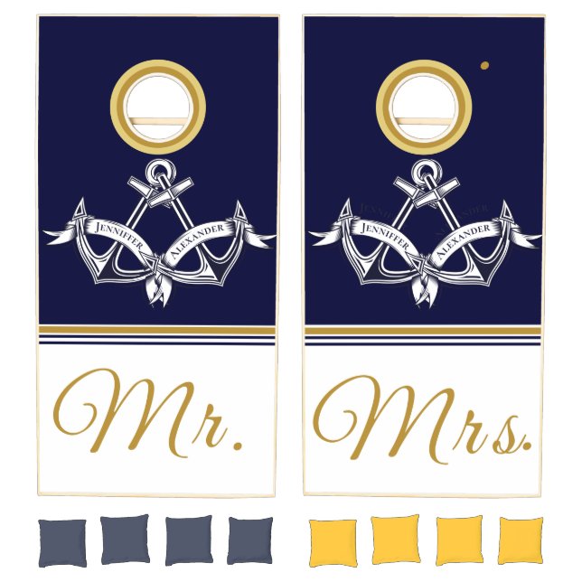 Nautical Coastal Couple Mr. and Mrs. Wedding Navy  Cornhole Set (Set)
