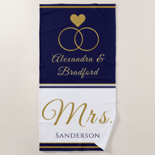 Nautical Coastal Couple Mrs.Wedding navy blue gold Beach Towel