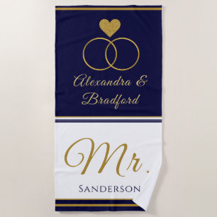 Nautical Coastal Couple Wedding navy blue gold Beach Towel