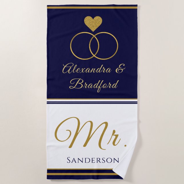Nautical Coastal Couple Wedding navy blue gold  Beach Towel (Front)