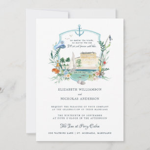 Nautical Coastal Fishing Seaside Wedding Crest Invitation