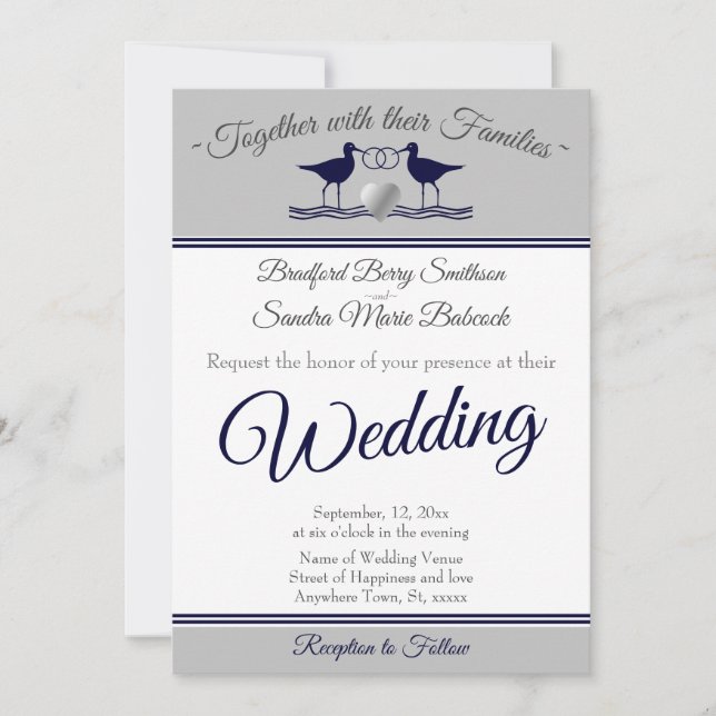 Nautical Coastal Gray White  Navy Blue Sandpiper   Invitation (Front)