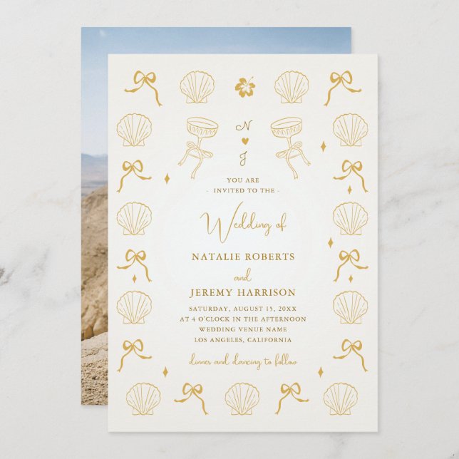 Nautical Coastal Hand Drawn Seashell Shell Wedding Invitation (Front/Back)