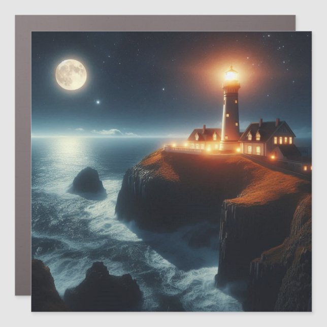 Nautical/coastal lighthouse at night with moon car magnet (Front)