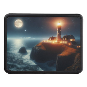 Nautical/coastal lighthouse at night with moon hitch cover
