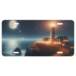 Nautical/coastal lighthouse at night with moon license plate