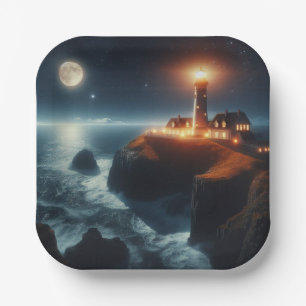 Nautical/coastal lighthouse at night with moon paper plates