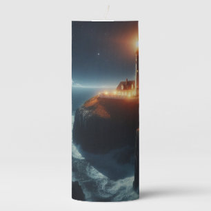Nautical/coastal lighthouse at night with moon pillar candle
