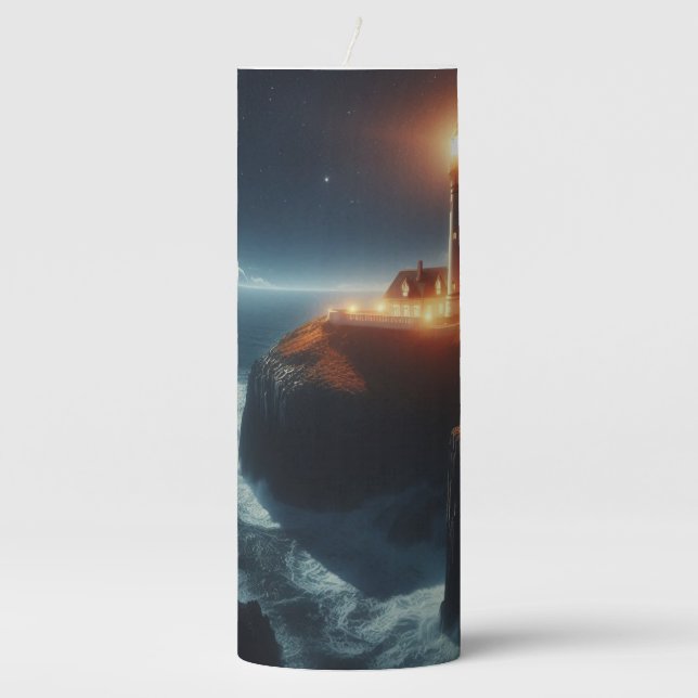 Nautical/coastal lighthouse at night with moon pillar candle (Front)