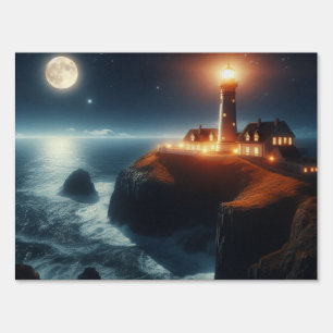 Nautical/coastal lighthouse at night with moon sign