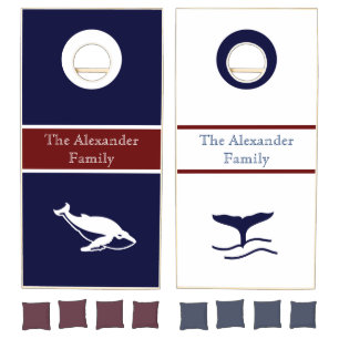 Nautical Coastal Maroon White WHALES name Cornhole Set