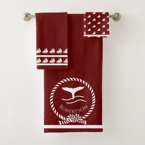 Nautical coastal name  Sailboat Whale  Maroon red  Bath Towel Set