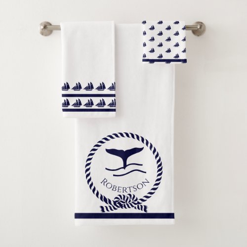 Nautical coastal name  Sailboat Whale  Navy Blue Bath Towel Set