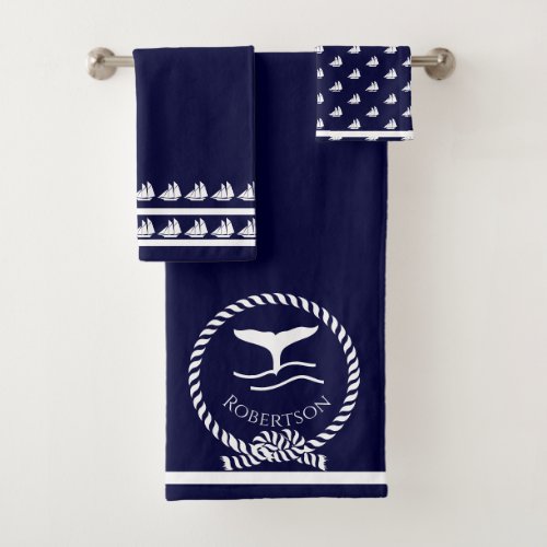 Nautical coastal name  Sailboat Whale  Navy Blue  Bath Towel Set