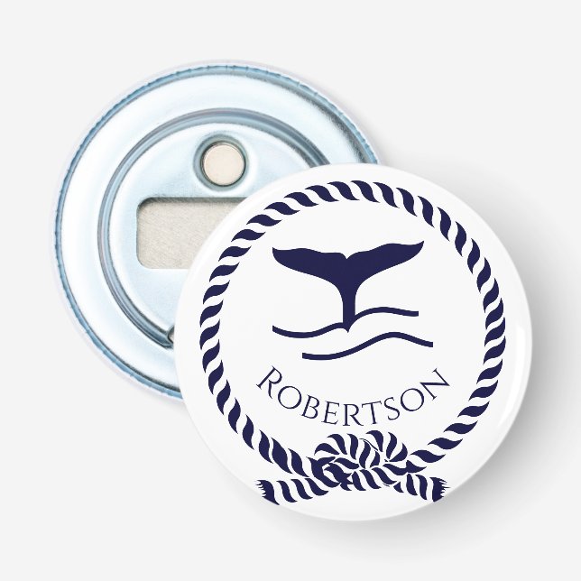 Nautical coastal name  Sailboat Whale  Navy Blue  Bottle Opener (Front)