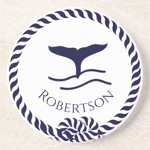 Nautical coastal name  Sailboat Whale  Navy Blue   Coaster