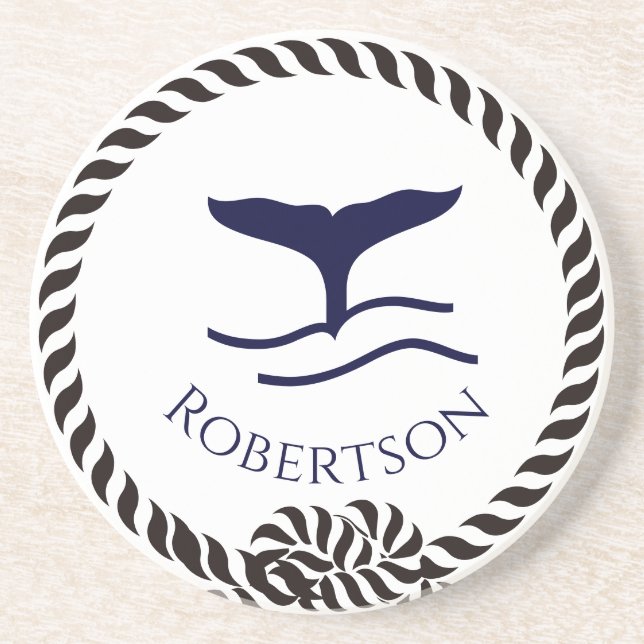 Nautical coastal name  Sailboat Whale  Navy Blue   Coaster (Front)