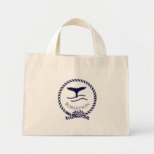 Nautical coastal name Sailboat Whale Navy Blue T Mini Tote Bag
