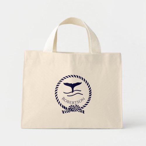 Nautical coastal name  Sailboat Whale  Navy Blue T Mini Tote Bag