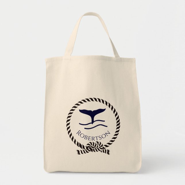 Nautical coastal name  Sailboat Whale  Navy Blue Tote Bag (Front)