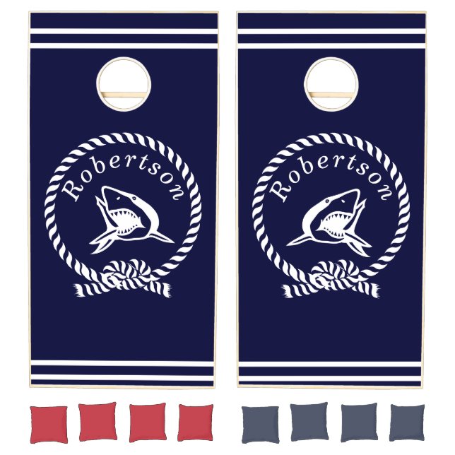 Nautical coastal name Shark Navy Blue  Cornhole Se Set (Set)