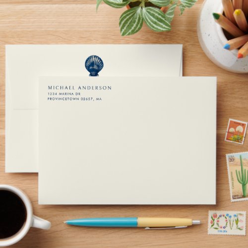 Nautical Coastal Navy Blue Anchor Sea Shell Envelope