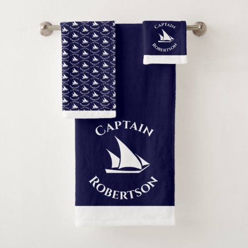 Nautical Coastal Navy Blue Captain Name  Sailboat Bath Towel Set