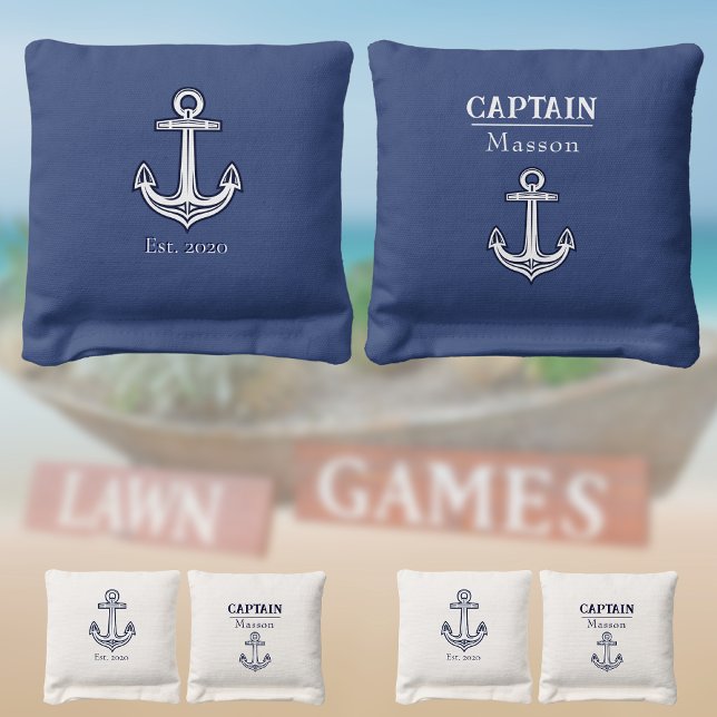 Nautical Coastal Navy Blue White Anchor  Monogram Cornhole Bags (Creator Uploaded)
