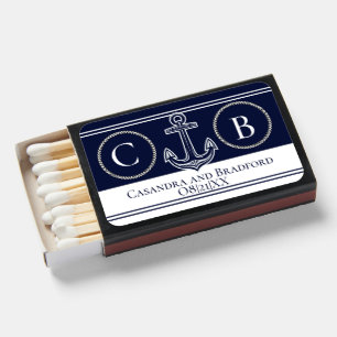 Nautical coastal Navy Blue white anchor wedding Matchboxes