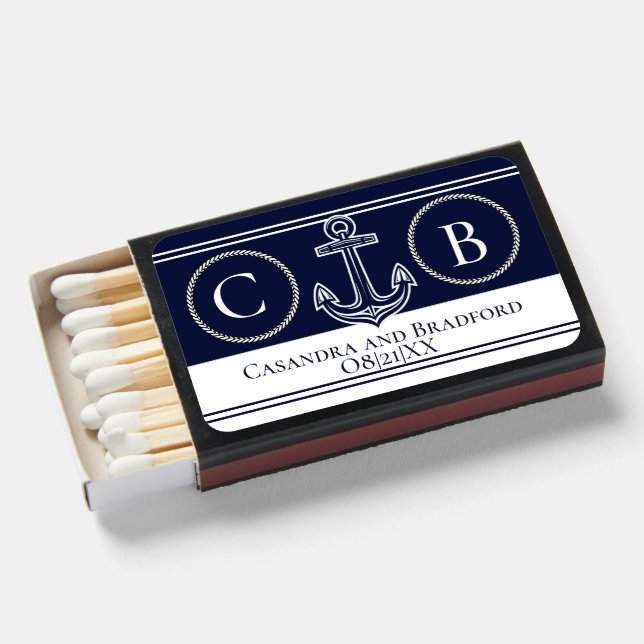 Nautical coastal Navy Blue white anchor wedding Matchboxes (Front Open)