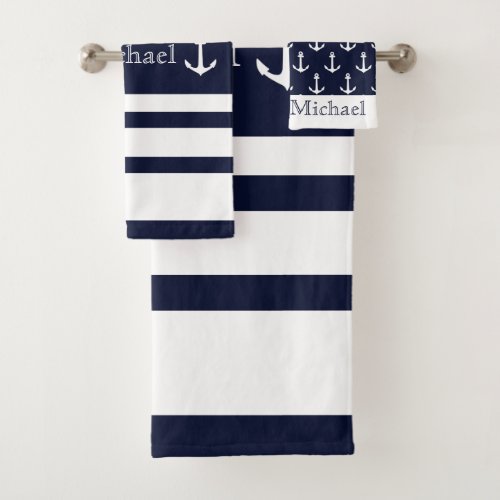 Nautical Coastal Navy Blue White Stripes Name Bath Towel Set