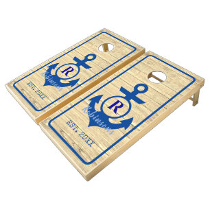Nautical Coastal Rustic Wood Anchor Navy Monogram Cornhole Set