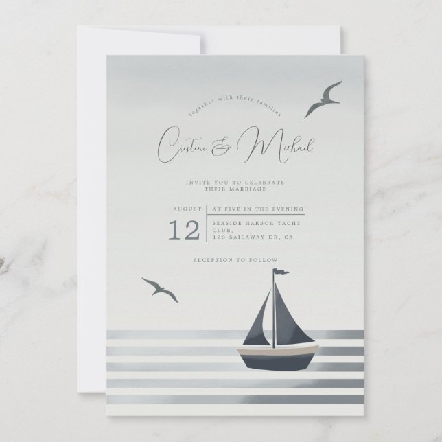 Nautical coastal sailboat wedding invitation (Front)