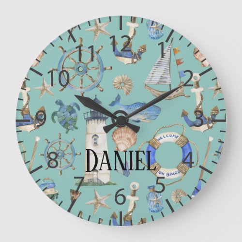 Nautical Coastal Sea Beach Teal Boy Room Name Large Clock