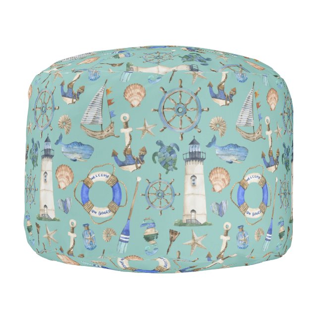 Nautical Coastal Sea Boating Theme Pouf Teal Blue (Left)
