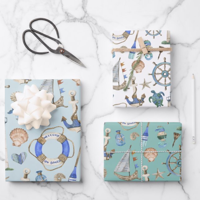 Nautical Coastal Sea Boating Theme Wrapping Paper (Front)