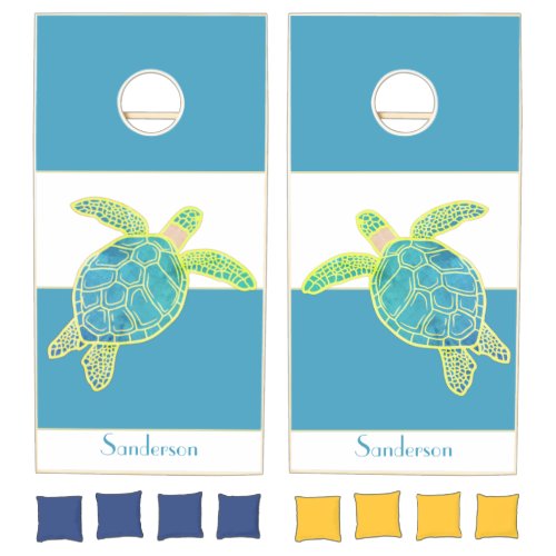 Nautical Coastal Sea Turtle Blue and green  Cornhole Set