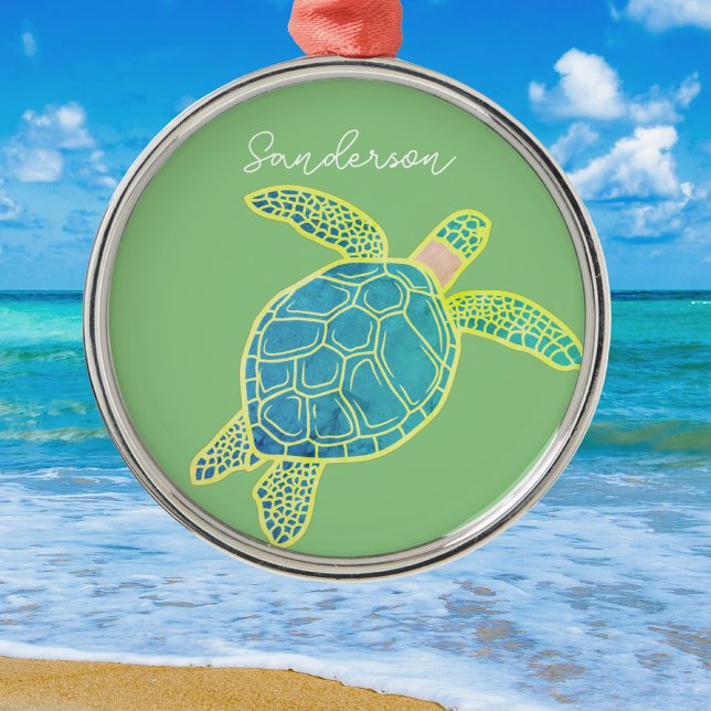 Nautical Coastal Sea Turtle  Blue Yellow Green   Metal Ornament (Creator Uploaded)