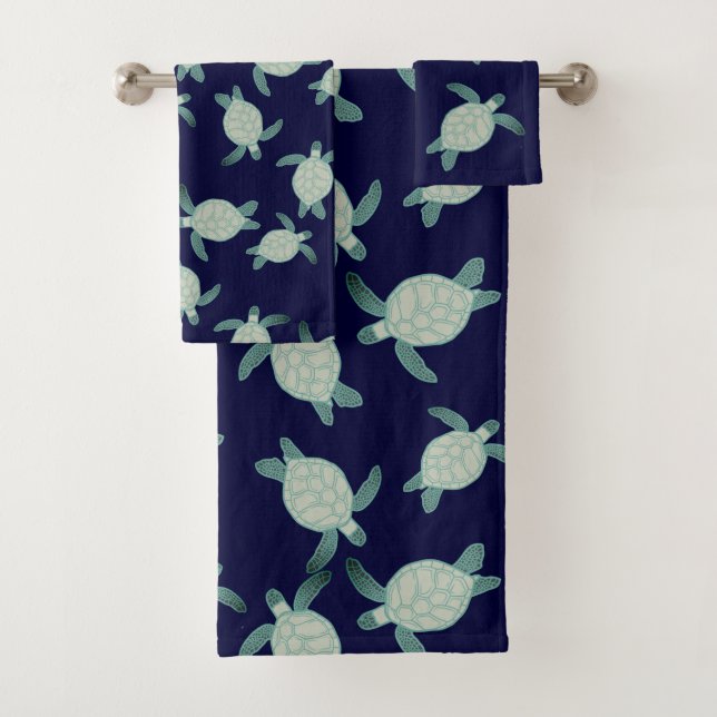 Nautical Coastal Sea Turtle Navy Blue Aqua Green Bath Towel Set (Insitu)