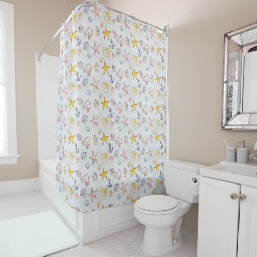 Nautical Coastal Seashells and Anchors Shower Curtain