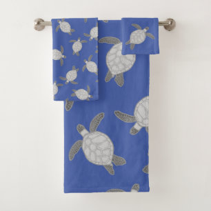 Nautical Coastal Silver Gray Sea Turtle Blue Bath Bath Towel Set